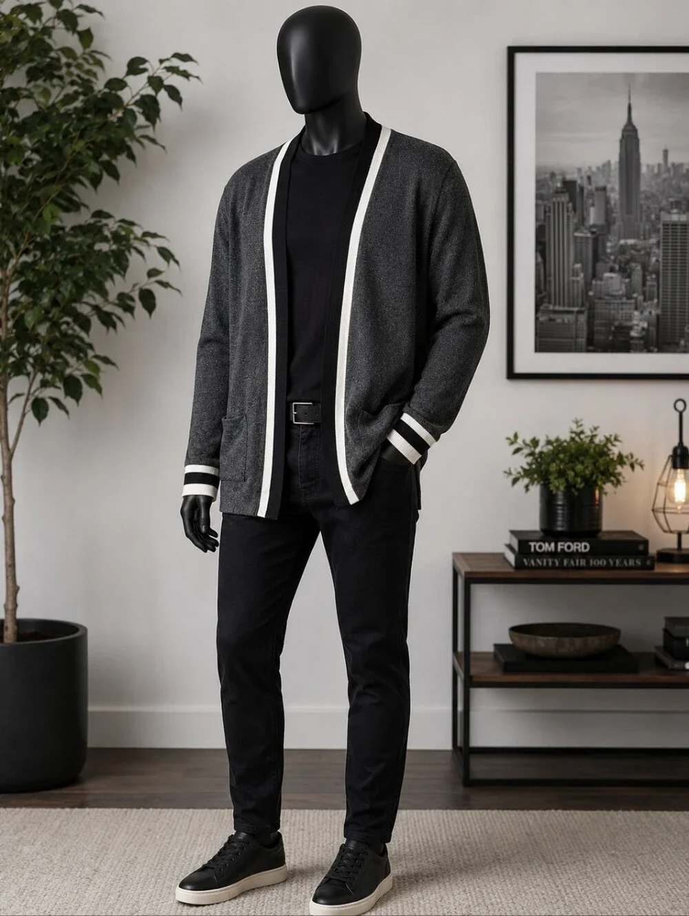 Zara Man Men's L 100% Cotton Longline Cardigan Gray Black Cream